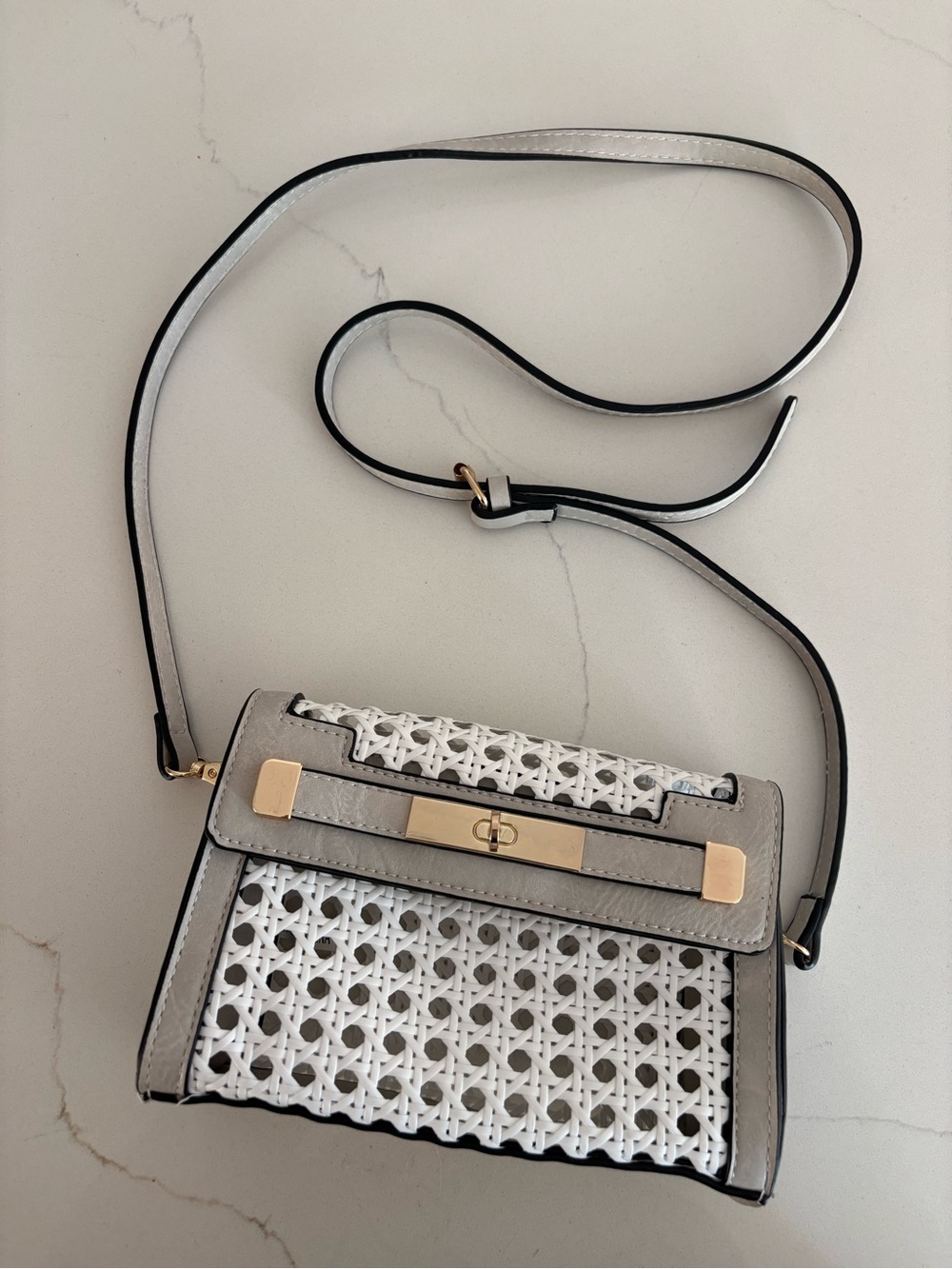 Woven White and Light Gray Crossbody Bag with Gold Hardware